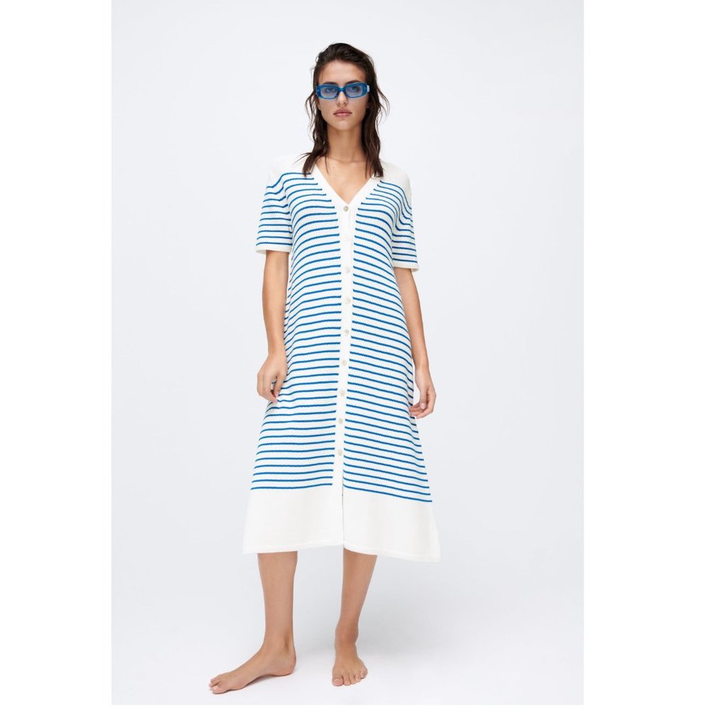 Zara Blue White Stripes Knit Oversized Midi Summer Button Up Dress P1657